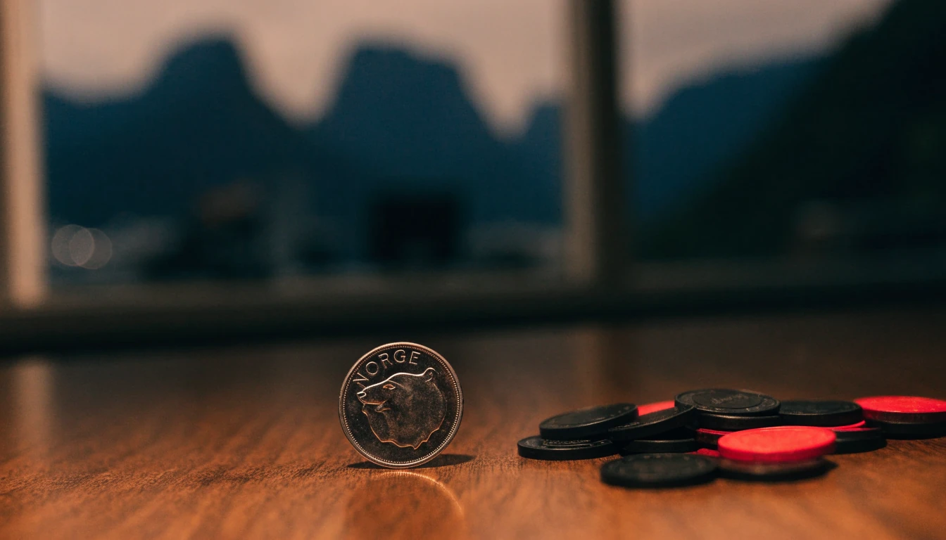 En tikroningmynt ved siden av casinobrikker på et trebord