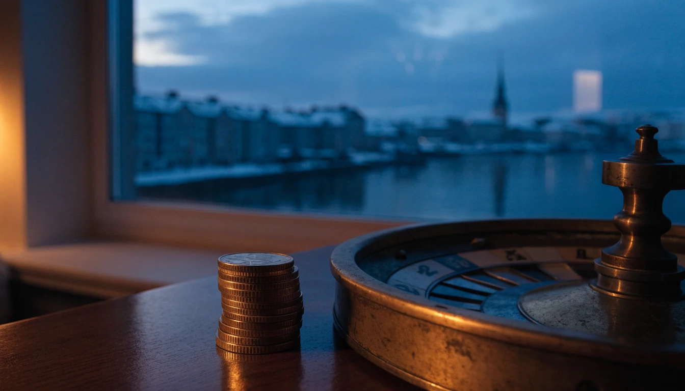 Stabled med norske 20-kroners mynter ved siden av et ruletthjul i et koselig norsk rom