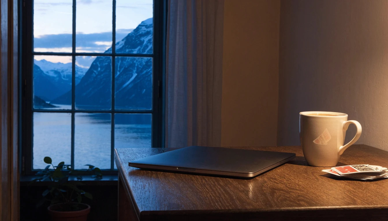 Lukket laptop ved et norsk skrivebord med utsikt over en fjord i skumringen