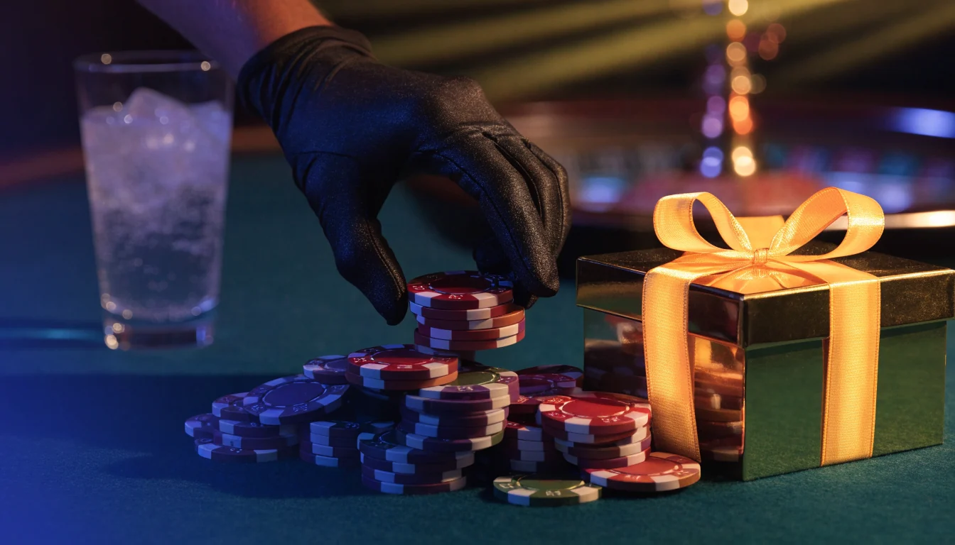 Casinochips og en gaveeske med gullbånd på et grønt filtbord