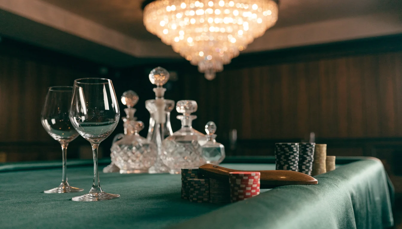 Elegant baccarat-bord i et luksuriøst casino med sjetonger og kortsko