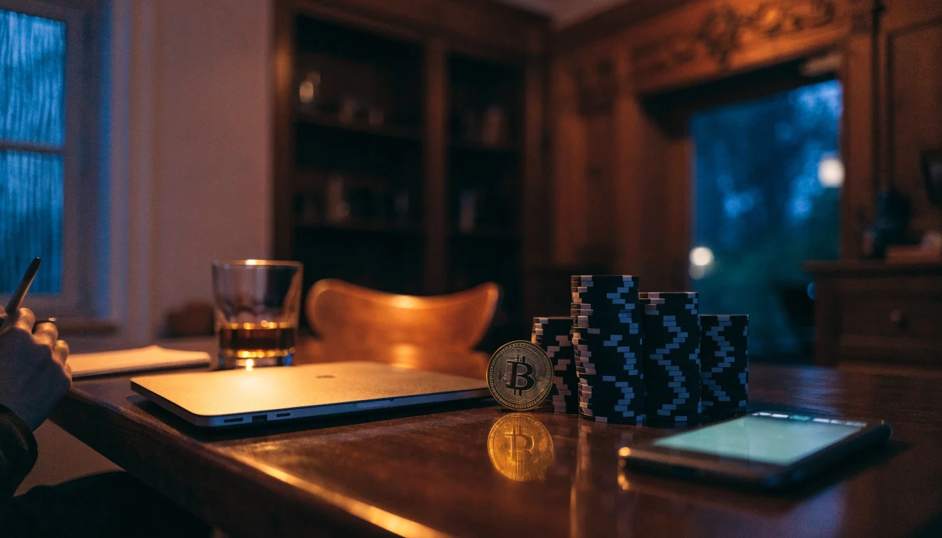Bord med kryptovaluta-symbol, jetonger og laptop i norsk kveldsstemning