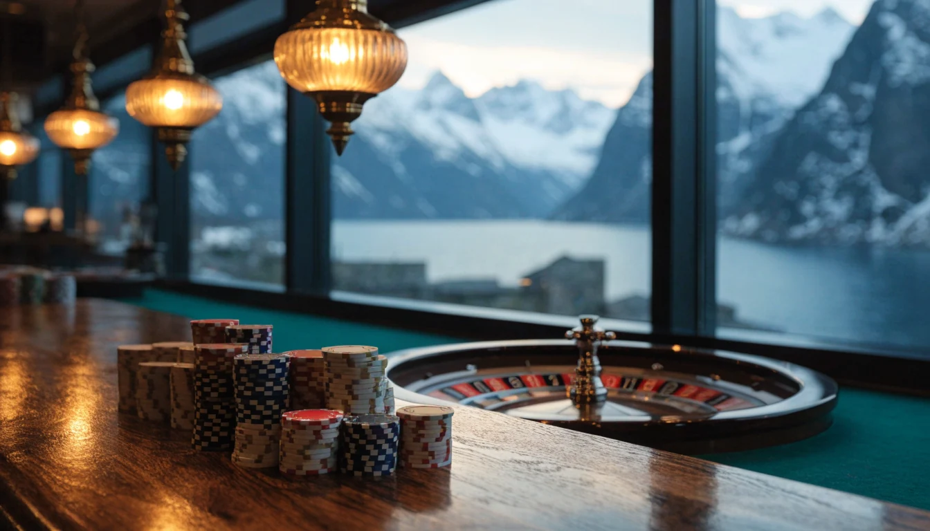 Elegant casino-bord med jetonger og rulett mot norsk fjordutsikt