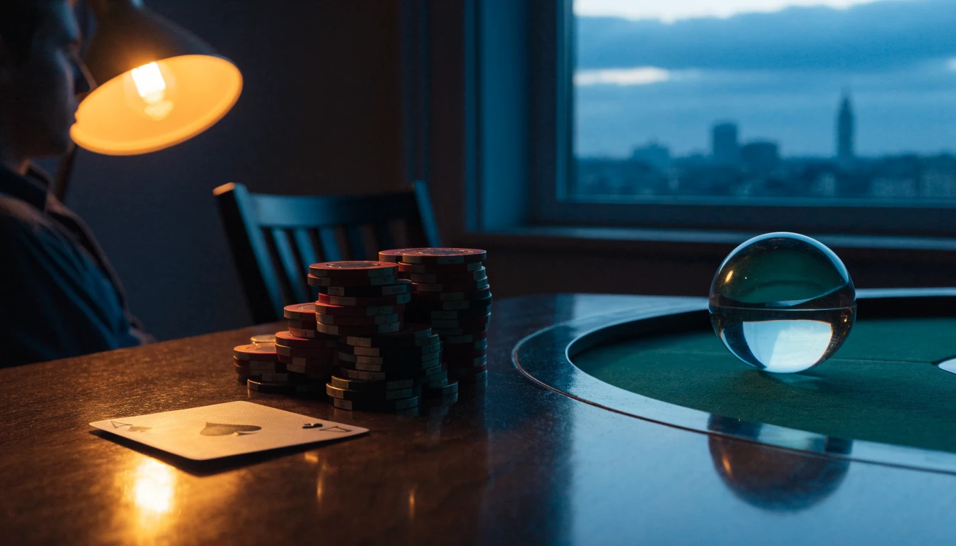 Casinojetonger, kort og rulett på et mørkt bord med kveldslys fra Oslo.