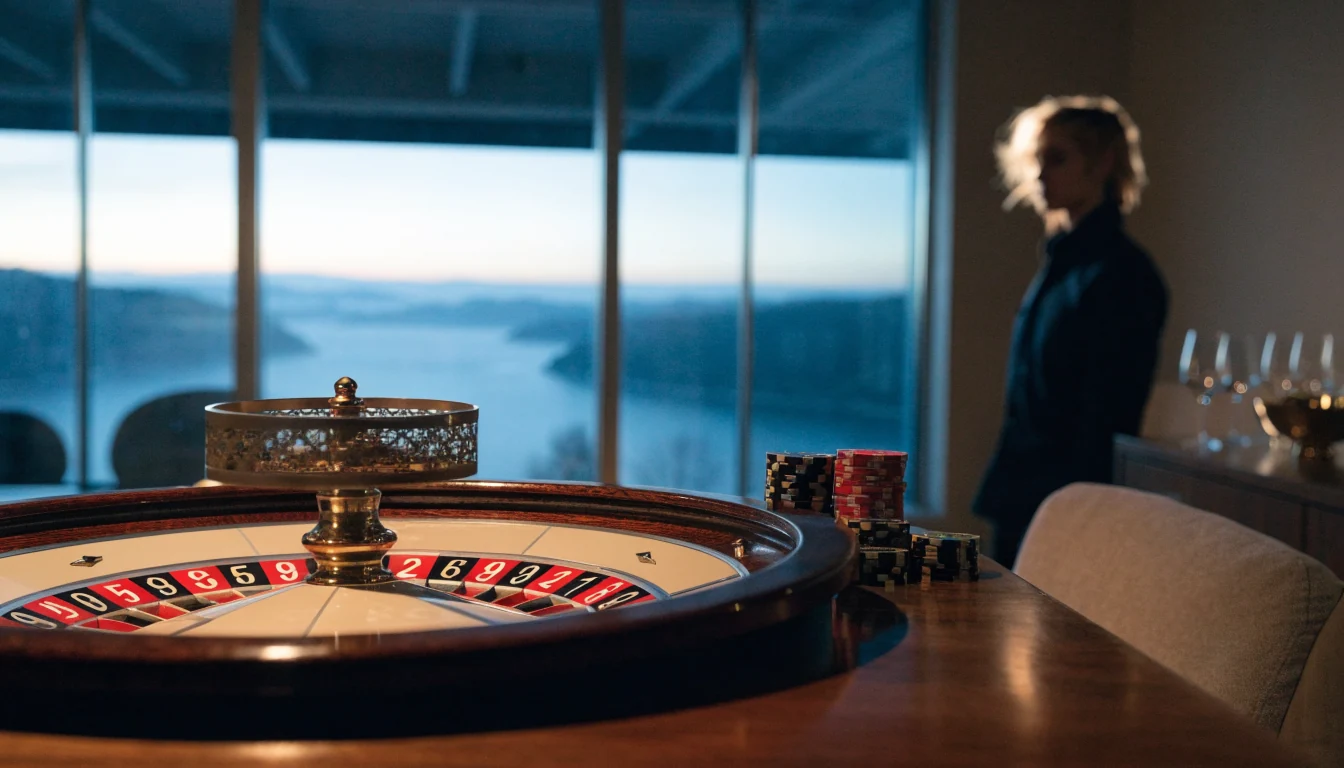 Europeisk roulettehjul med sjetonger på et elegant nordisk casino-bord