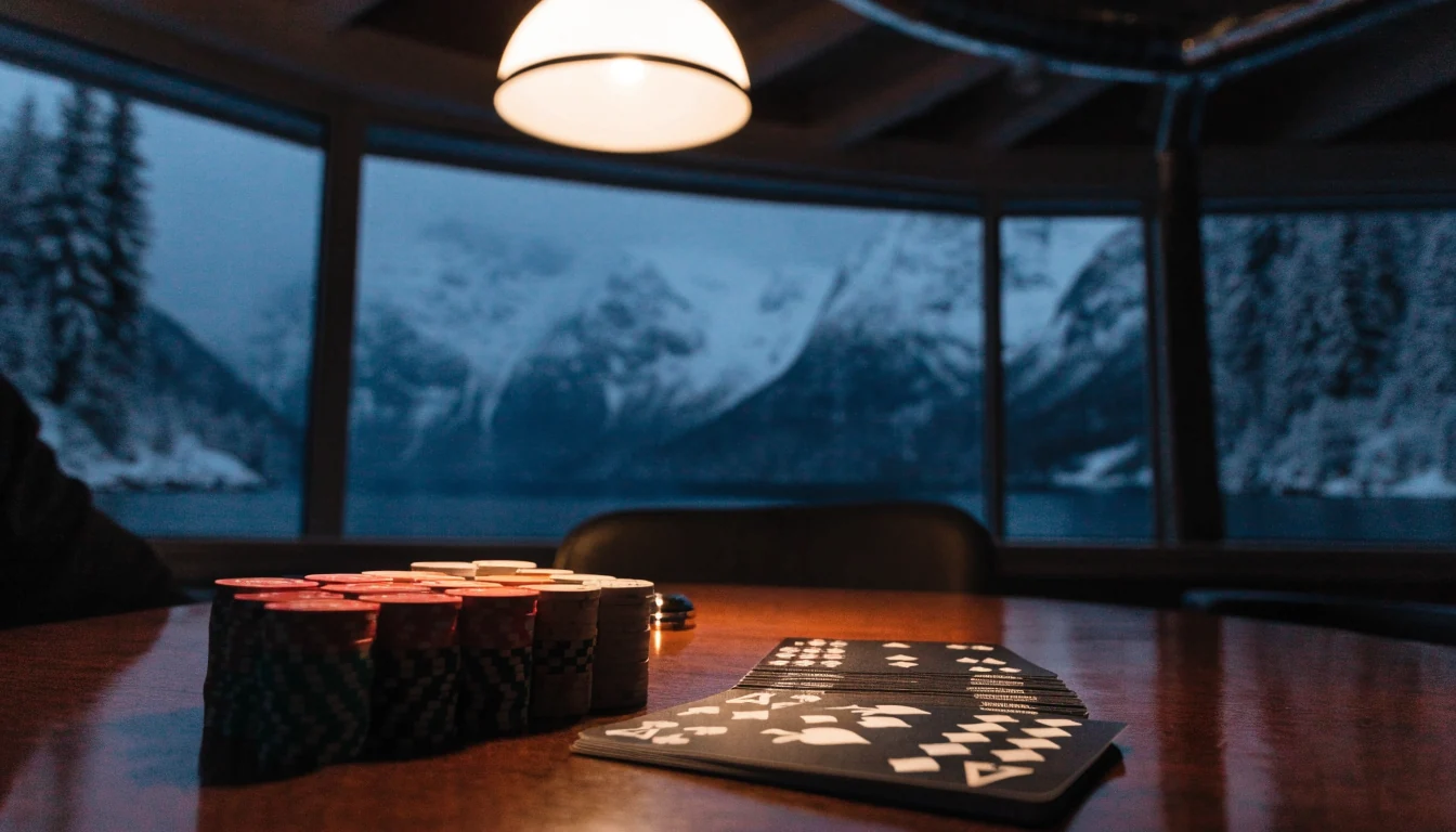 Blackjack-bord med jetonger og kort i norsk fjellhytte