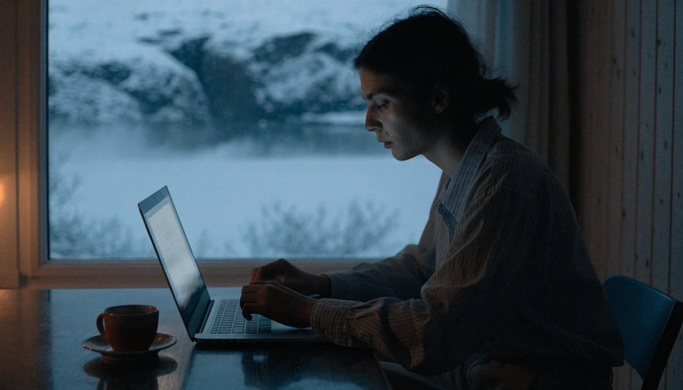 En person ser på en bærbar PC i et norsk hjem ved fjord