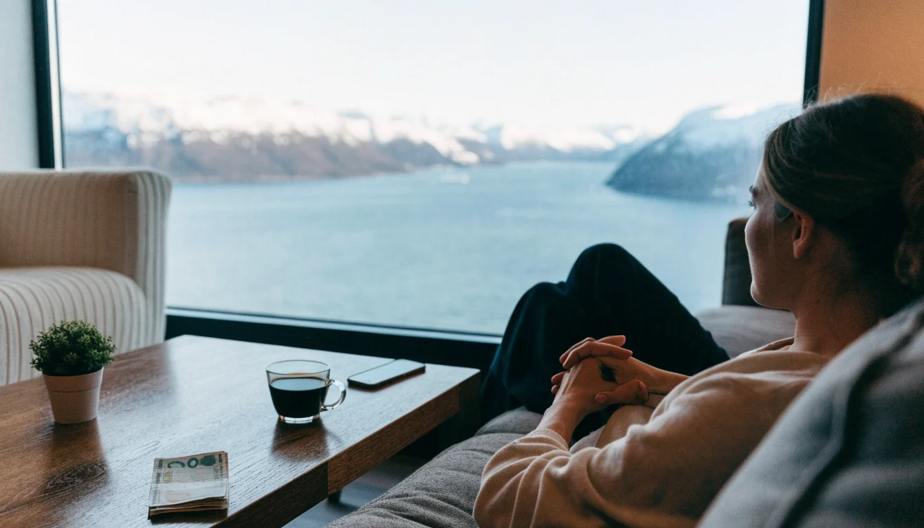 Person i norsk stue med sedler på bordet etter uttak