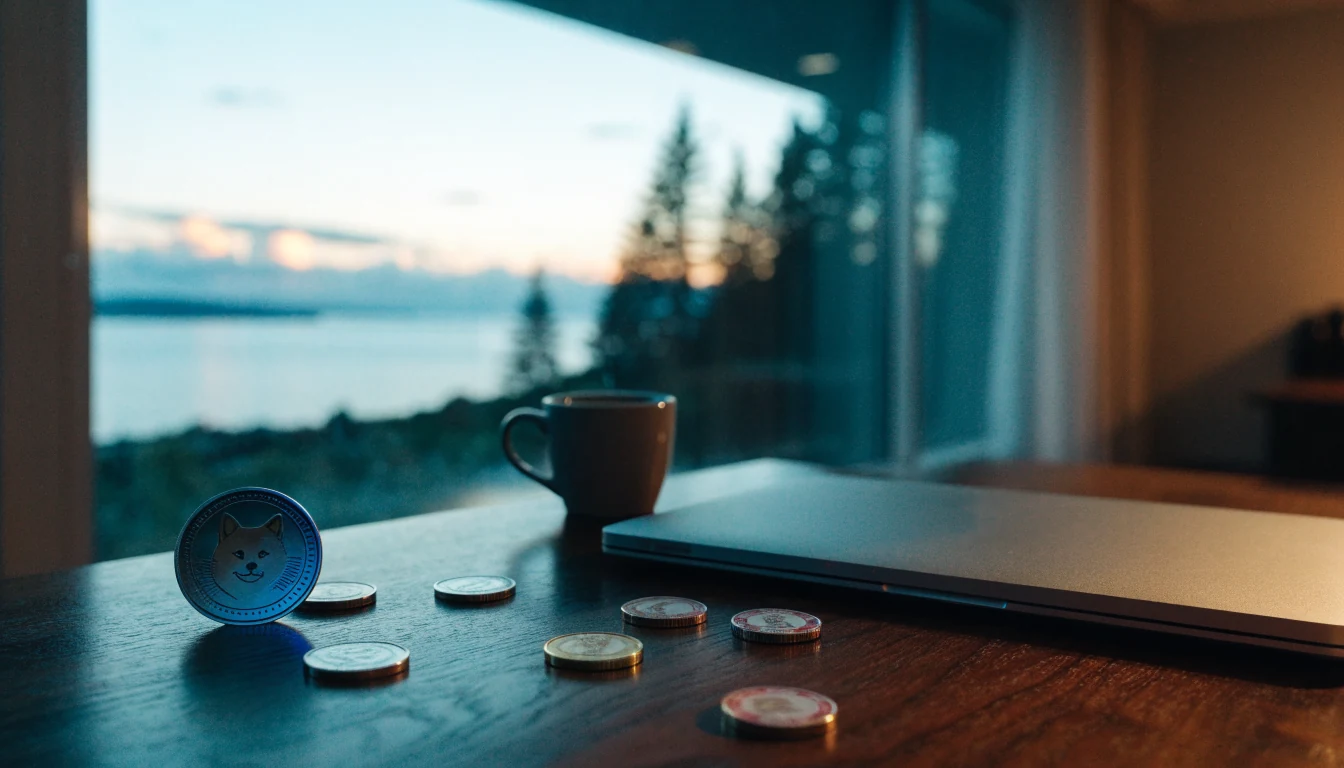 Dogecoin-mynt og casinobrikker på bord i norsk leilighet