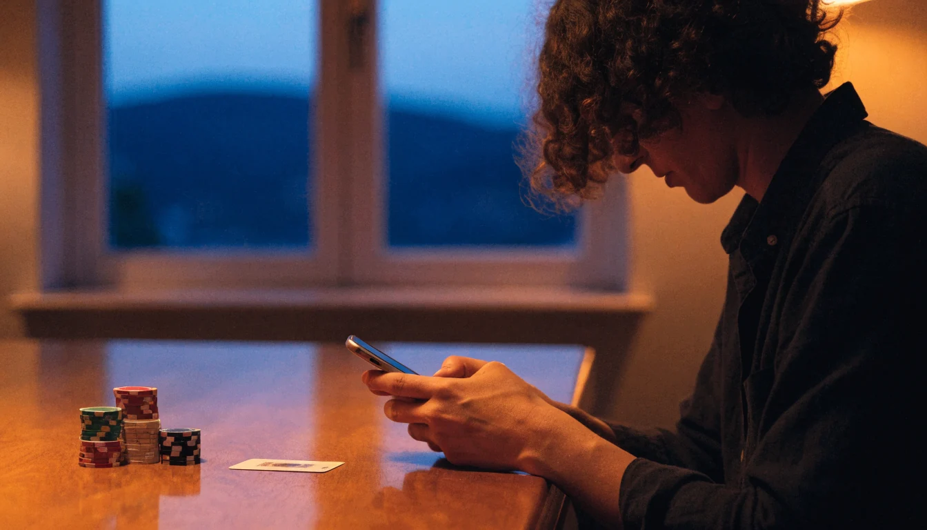 Person ved bordet med telefonen vendt bort, kasinobrikker og et spillkort i varmt norsk kveldslys