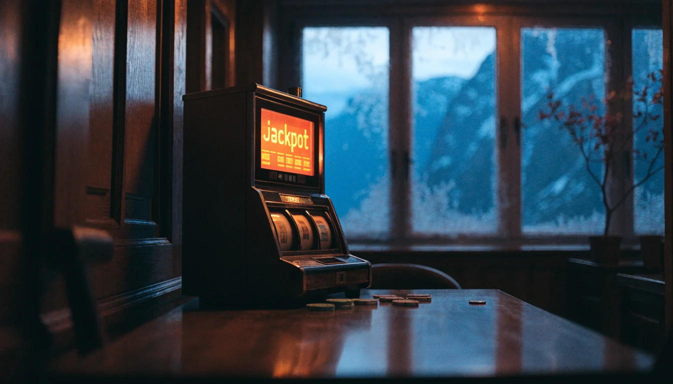 En tent jackpot-automat i en koselig norsk hytte med fjordutsikt