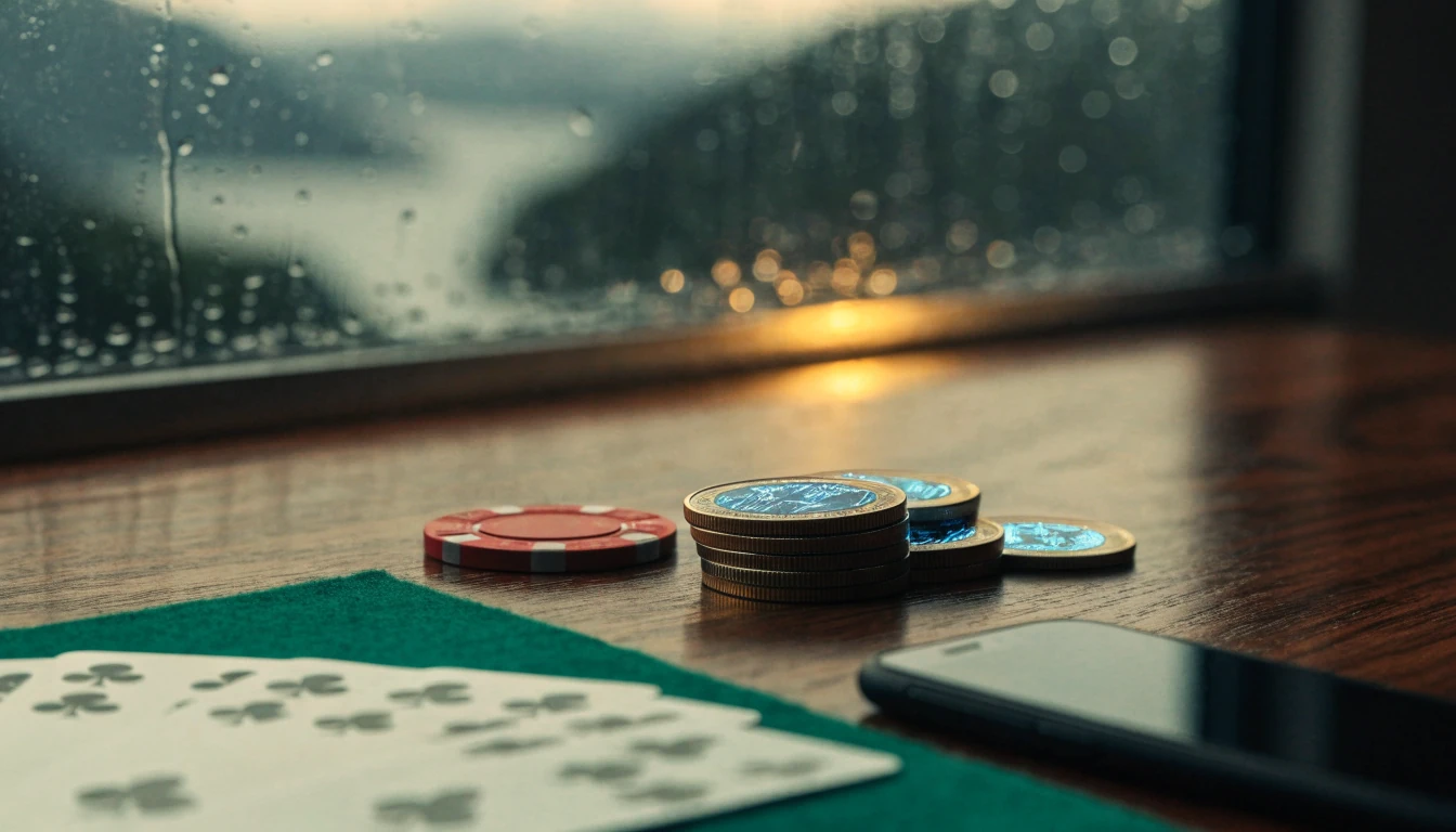 Kryptovaluta-mynter, casinobrikker og kort på et norsk skrivebord