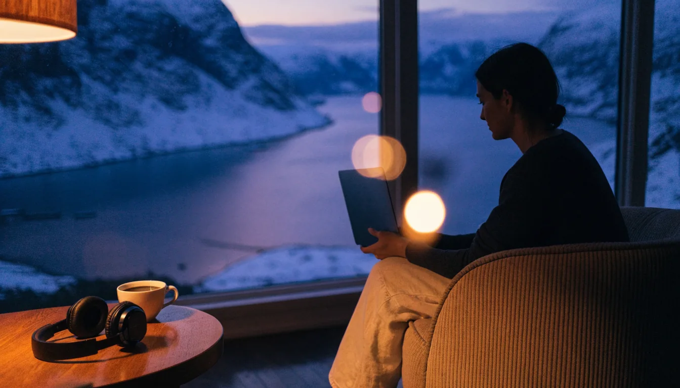 Person i norsk stue med lukket laptop ved vinduet mot fjord
