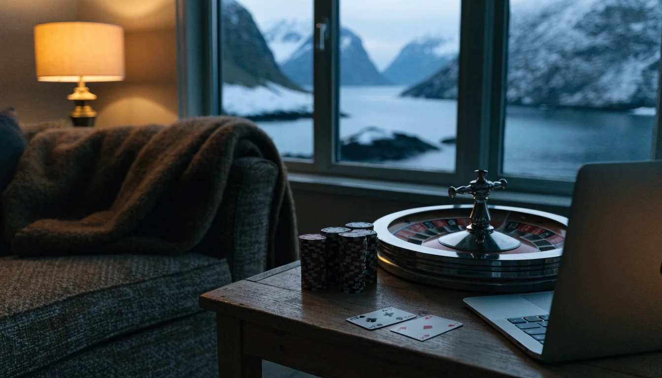 Bord med pokerjetonger, spillkort og rulett i norsk stue