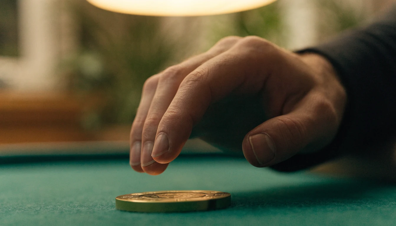 En casinobrikke på grønt filtdeken under en hånd i tenksom pause