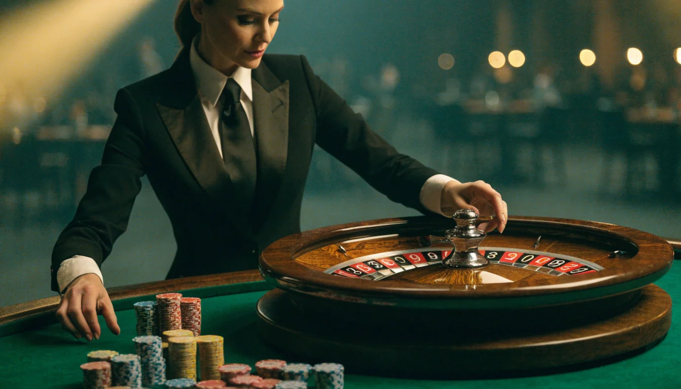 En profesjonell live-roulette-dealer ved et ekte ruletthjul i et studio