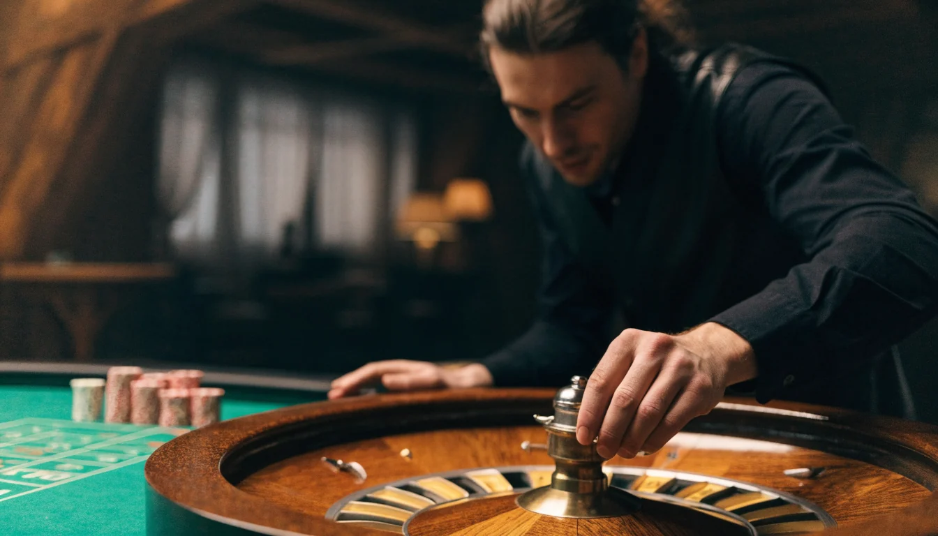 Live rulett dealer snurrer hjulet i et nettcasino-studio