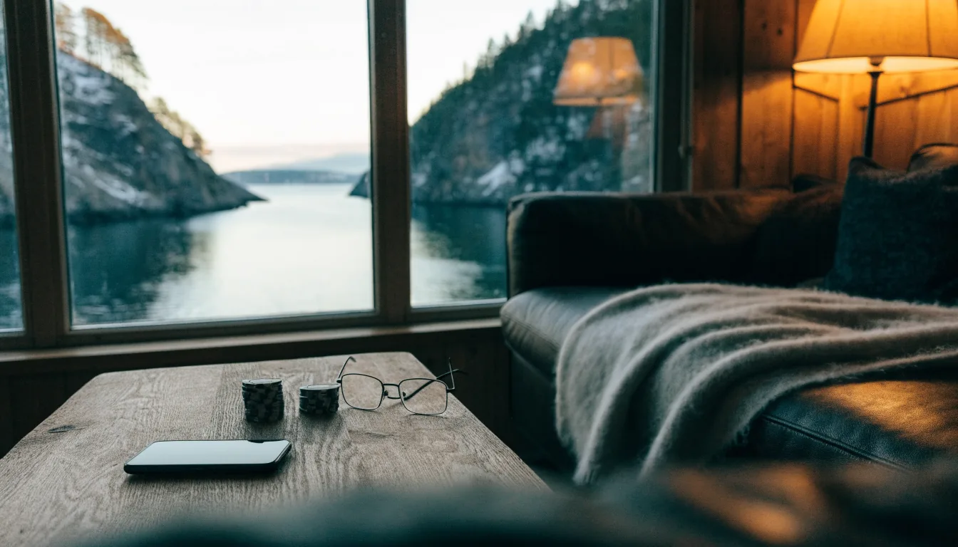 Norsk stue med telefon med skjermen ned og casinobrikker på et tregbord