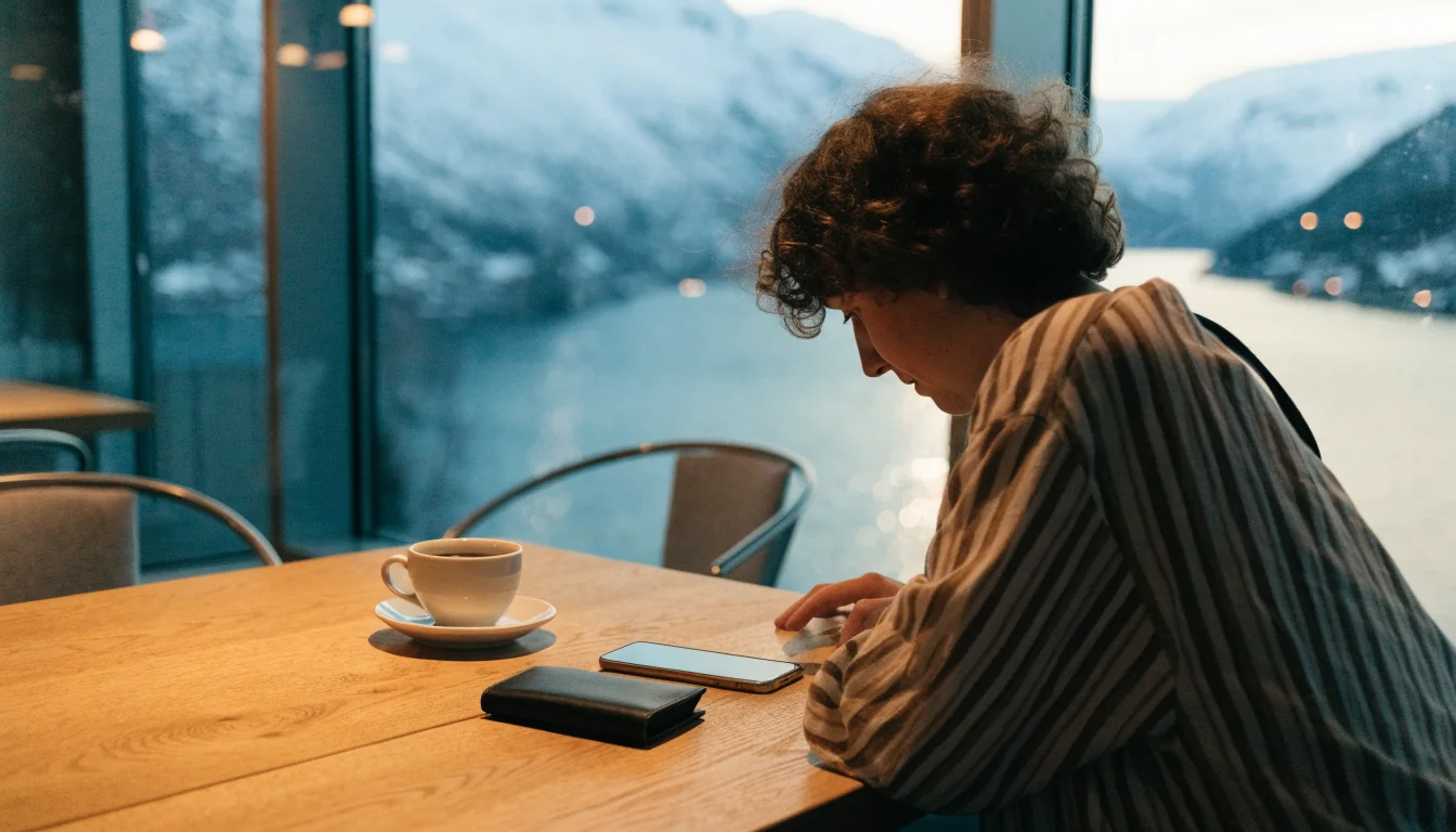 Norsk person med smarttelefon og lommebok ved fjordvindu