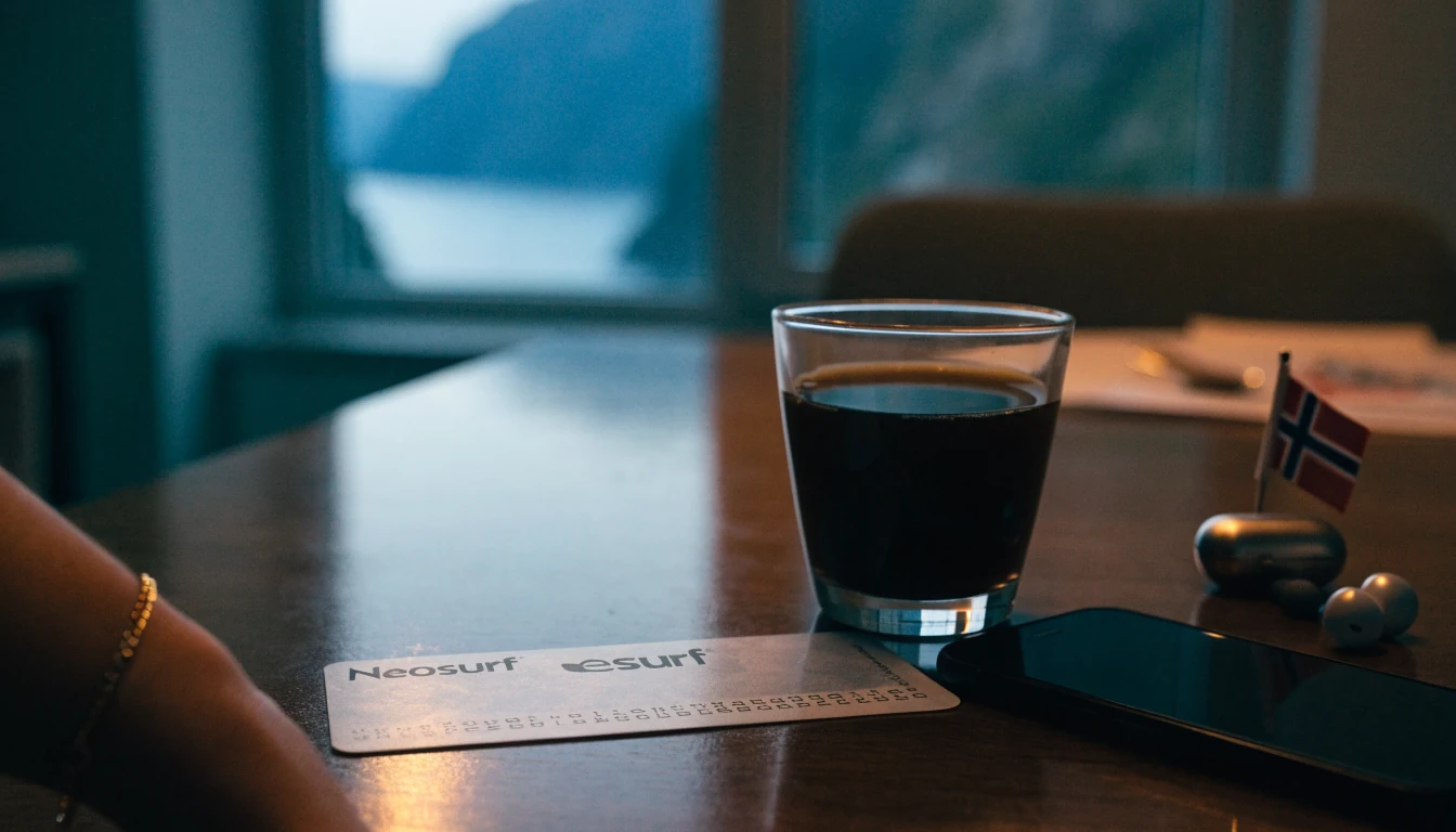 Neosurf-prepaidkupong på et norsk bord med telefon og kaffe