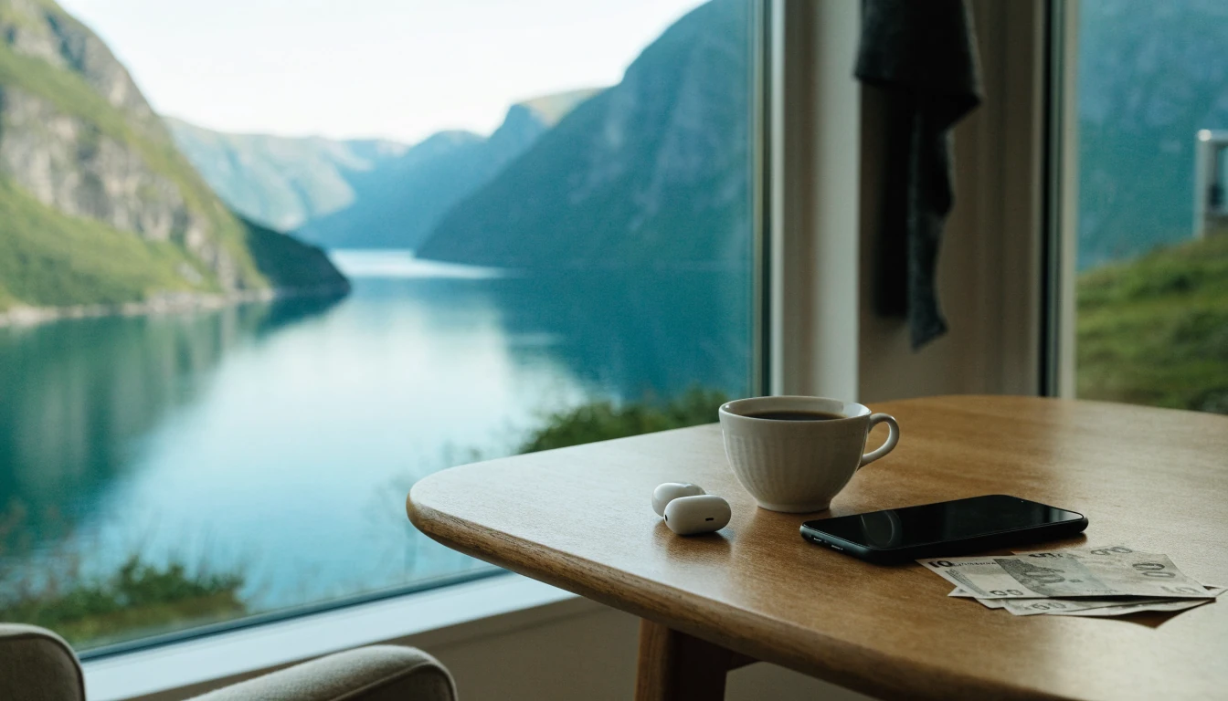 Norsk hjemmekos med telefon og kaffekopp ved vindu mot fjord