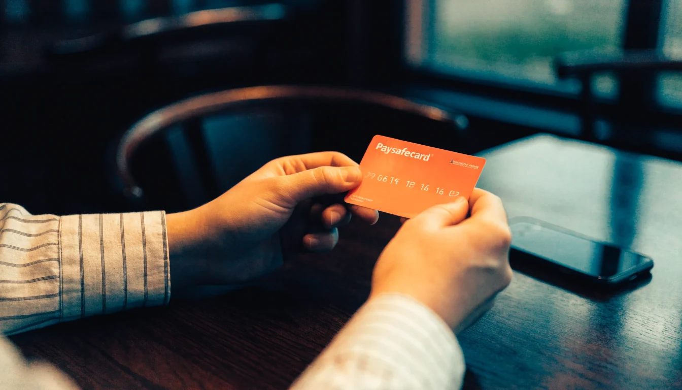 Hender som holder en Paysafecard-kupong ved siden av en telefon