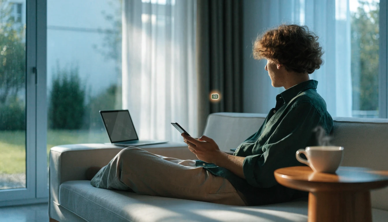 Person i norsk stue med lukket telefon og kaffekopp, symbol for sikker e-lommebokbetaling