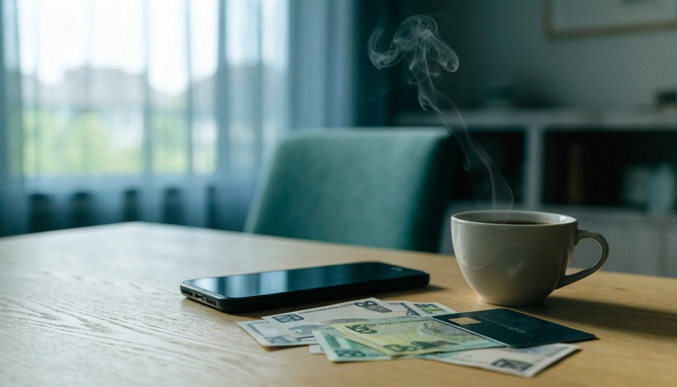 Telefon med snudd skjerm, kaffekopp og norske kroner på et lyst trebord