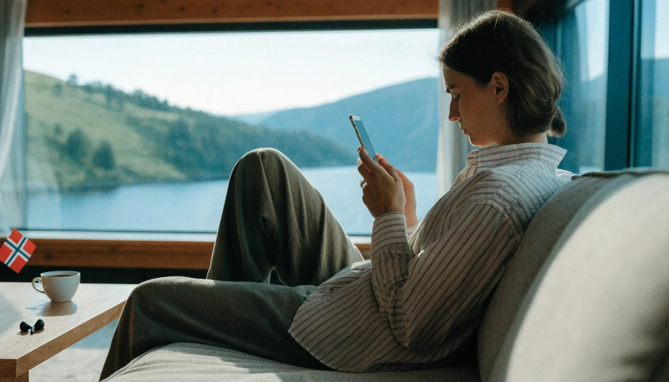 Person som betaler med mobilen i en norsk stue