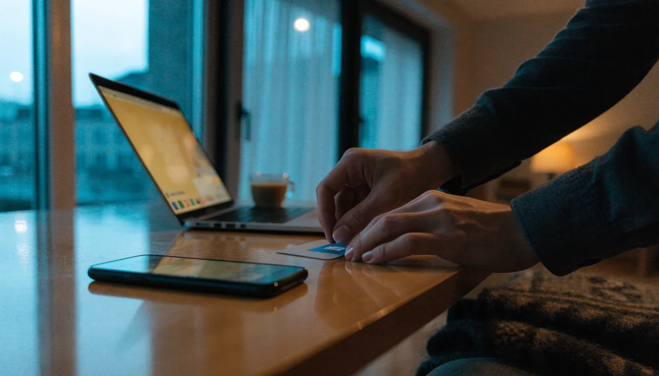 Hender legger et Visakort på et bord ved siden av en laptop og telefon i en moderne norsk stue