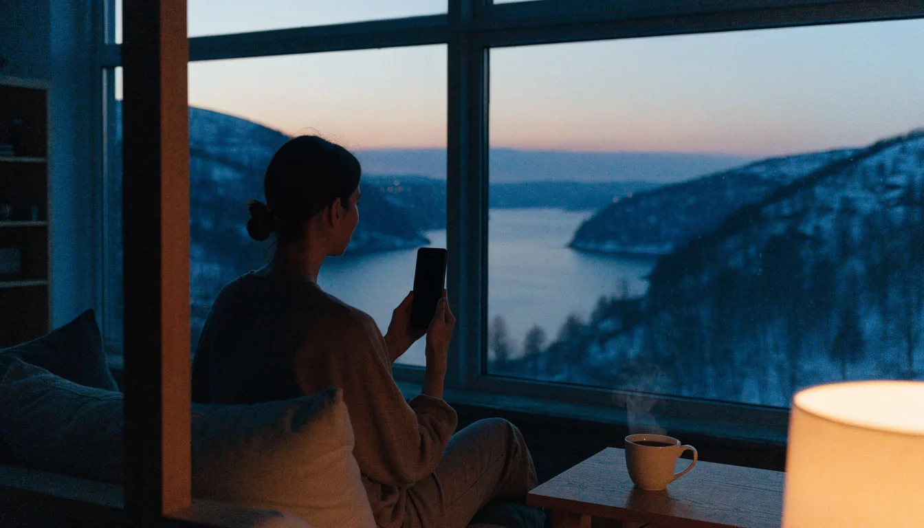 Person med telefon i moderne norsk stue ved skumring, fjord i bakgrunnen