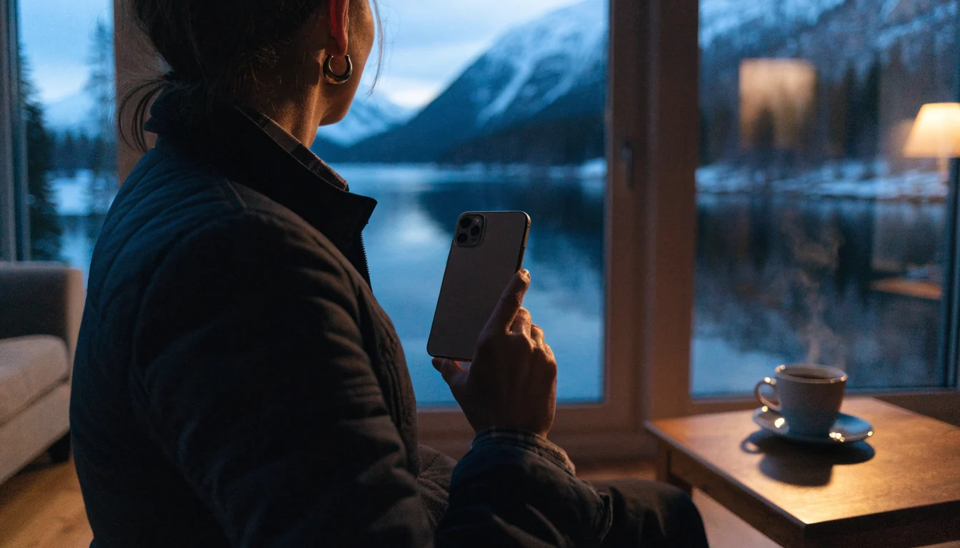 Person holder en Android-telefon i en koselig norsk stue med fjordutsikt