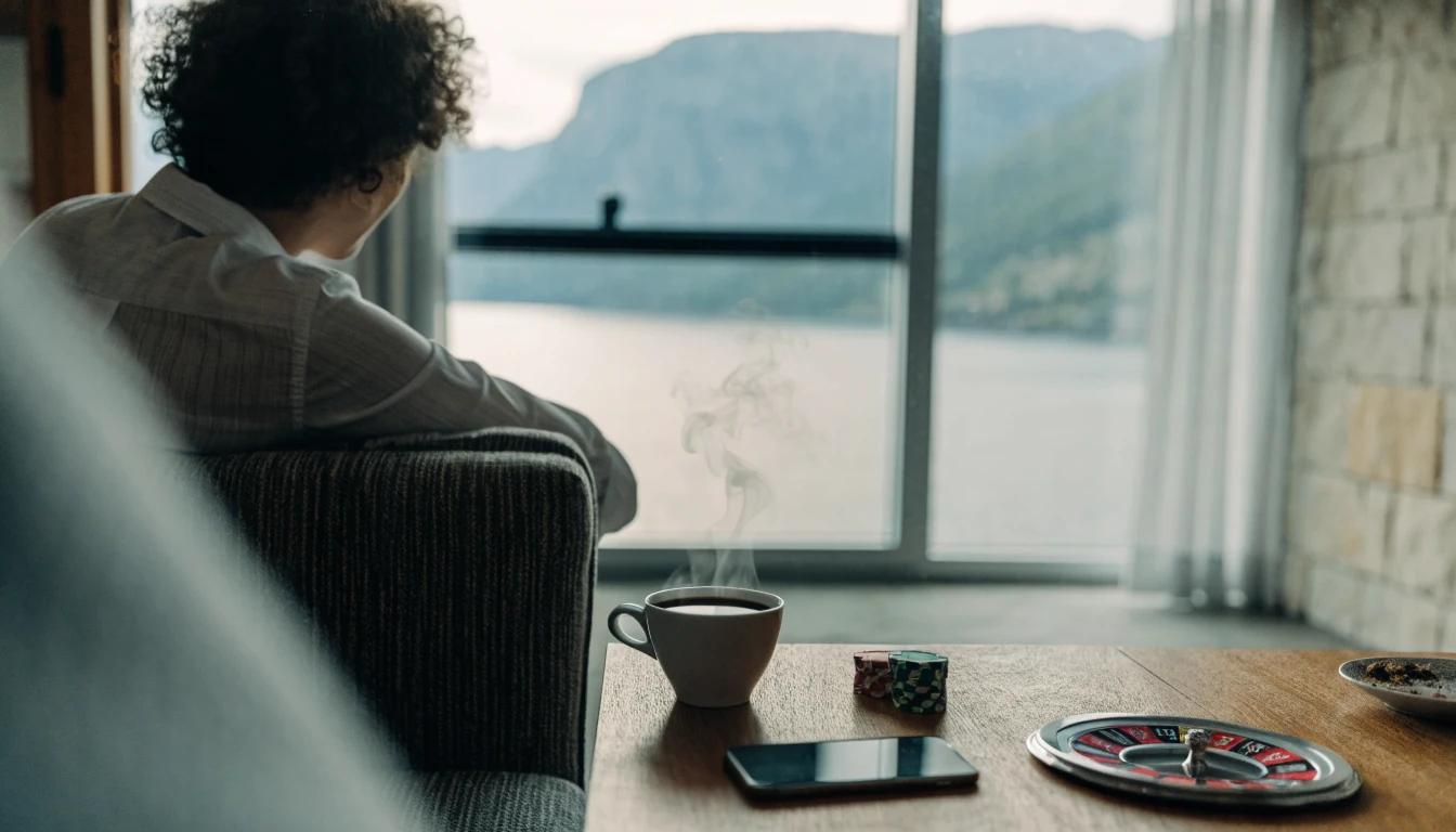 Kafébord i stue med pokerjetonger, ruletthjul og telefon med norsk fjordutsikt