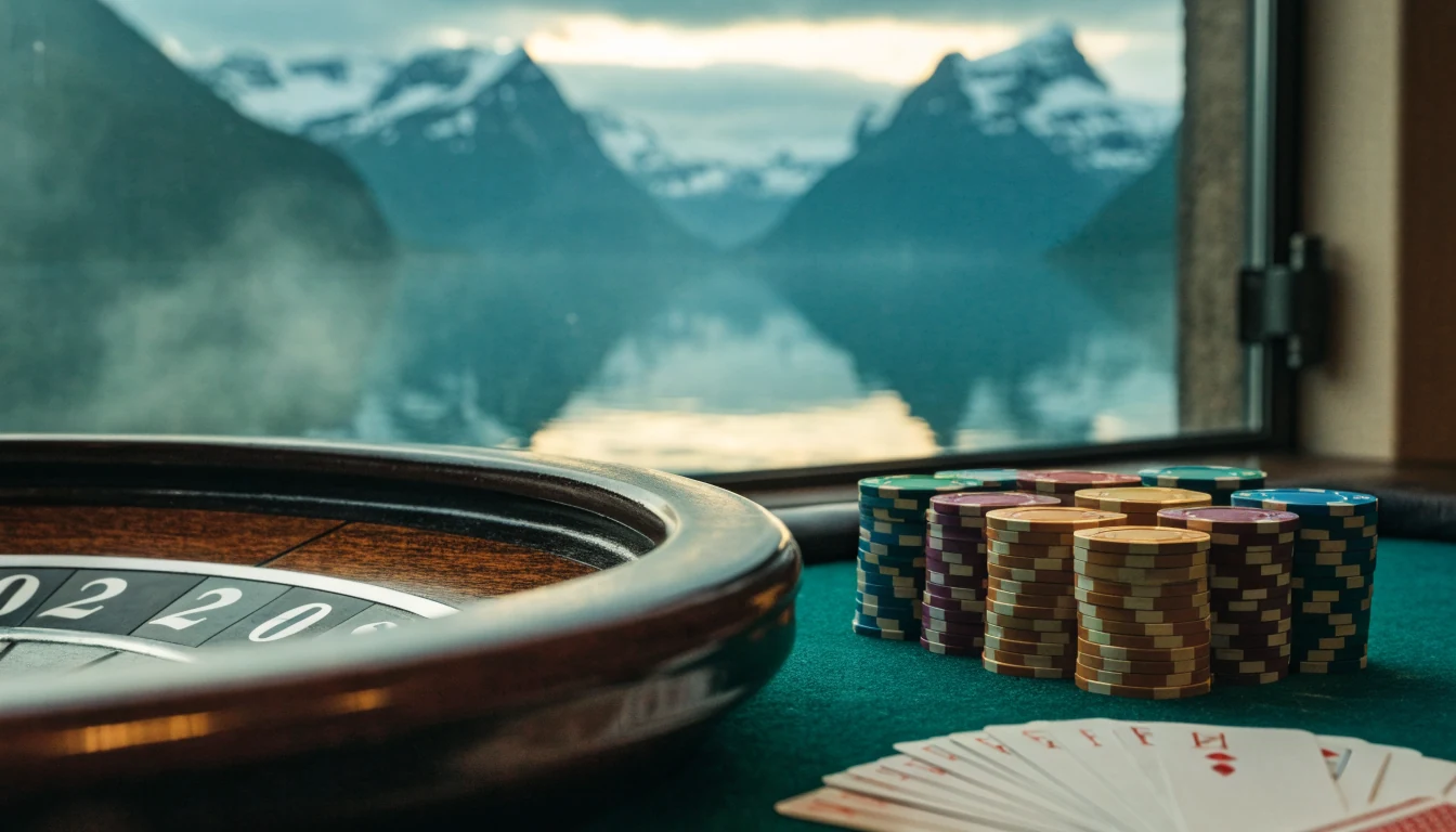 Casino rulettbord med jetonger og kort, norsk fjord i bakgrunnen