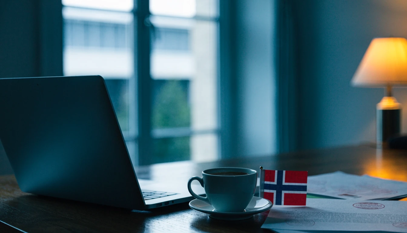 Lukket laptop på skrivebord med norske dokumenter og flagg