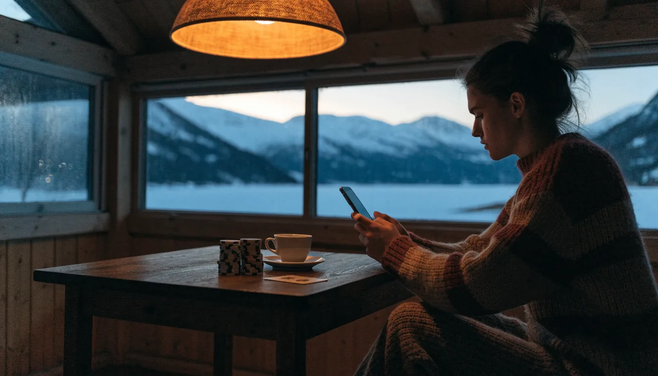 Person i norsk hytte med telefon, spillbrikker og kopp kaffe ved vinduet mot fjord