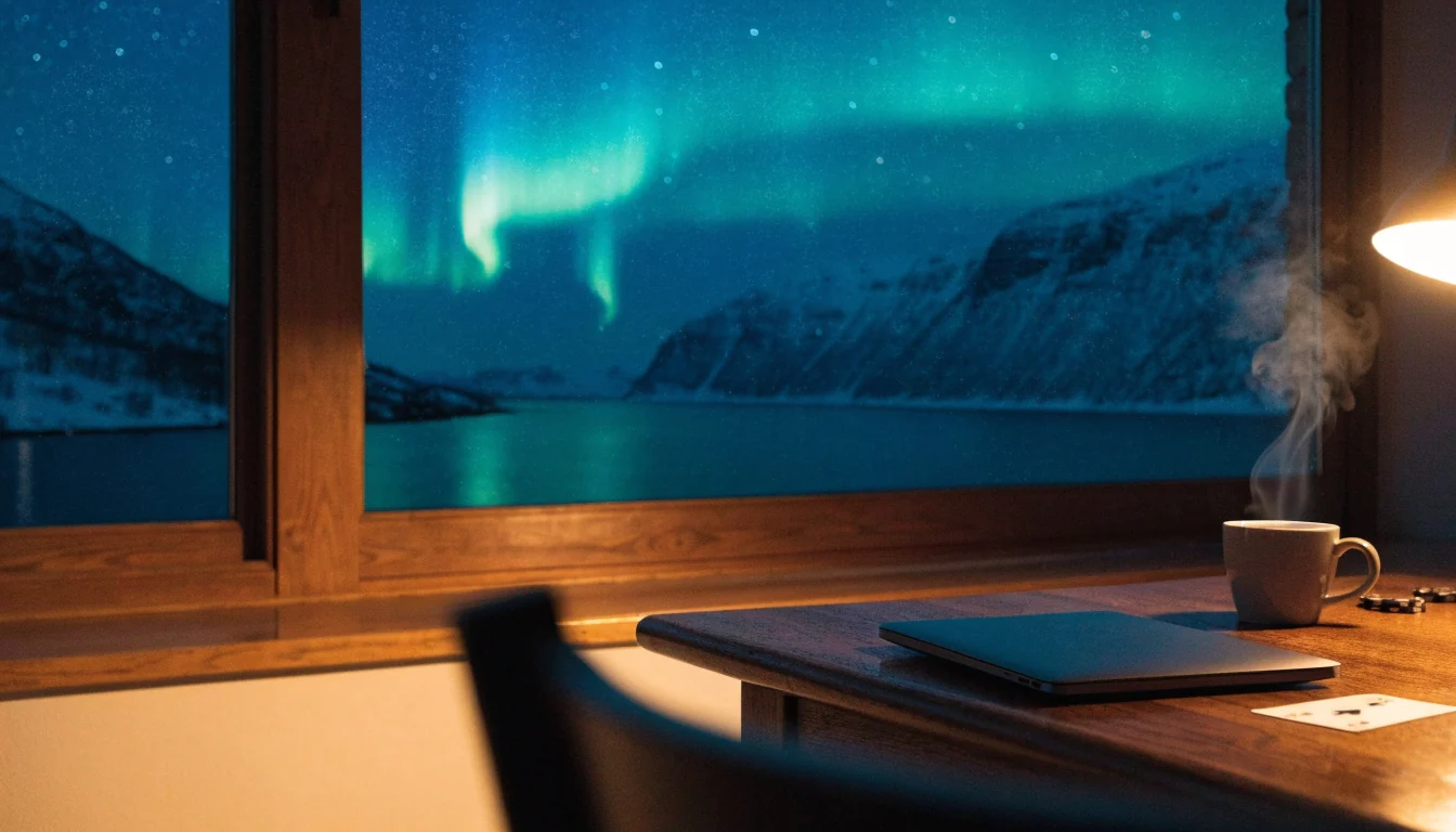 Stengt laptop ved siden av spillebrikker og kaffekopp med nordlys over fjord