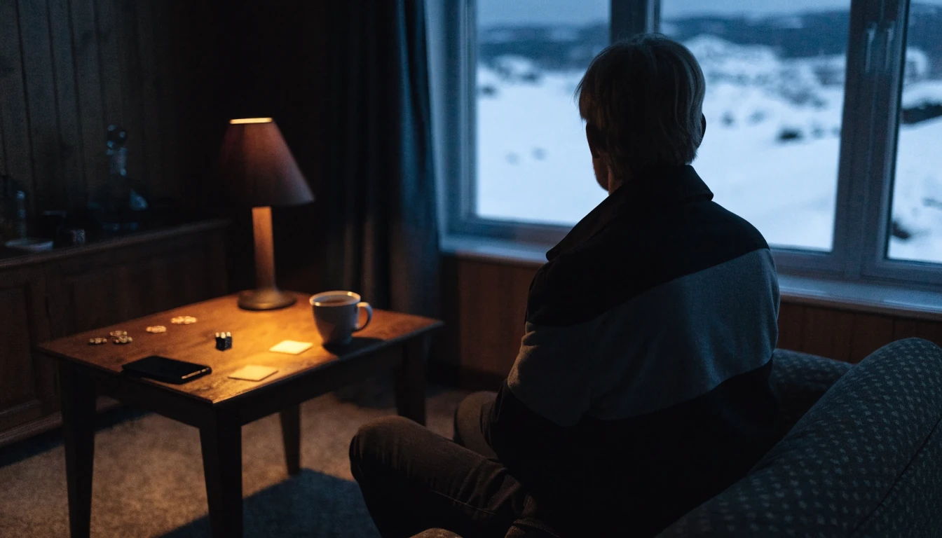En person i et norsk hjem ved natt med terninger og jetonger på bordet