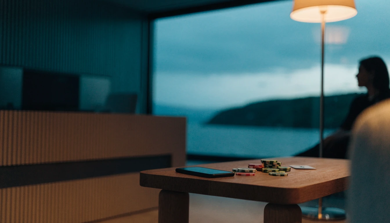 Moderne norsk stue med mobil, jetonger og spillekort