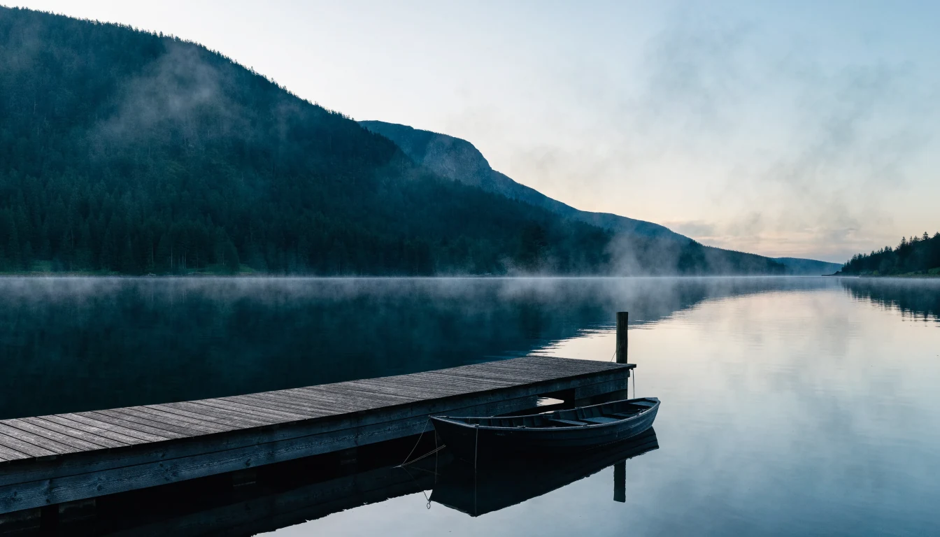 Rolig norsk fjord ved daggry med tåke over vannet og en trebrygge.