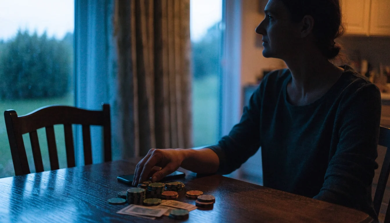 En person sitter alene ved et bord med noen spillebrikker, pengesedler og en telefon med skjermen ned.