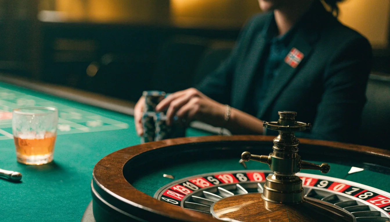 Europeisk roulettehjul på et casino-bord med jetonger og norsk spiller.