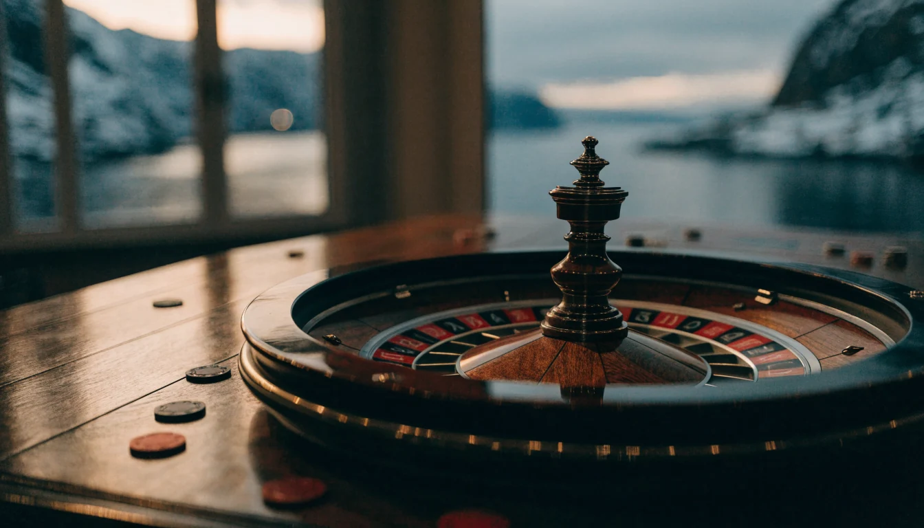 Europeisk roulettehjul på et casino med fjordutsikt i bakgrunnen