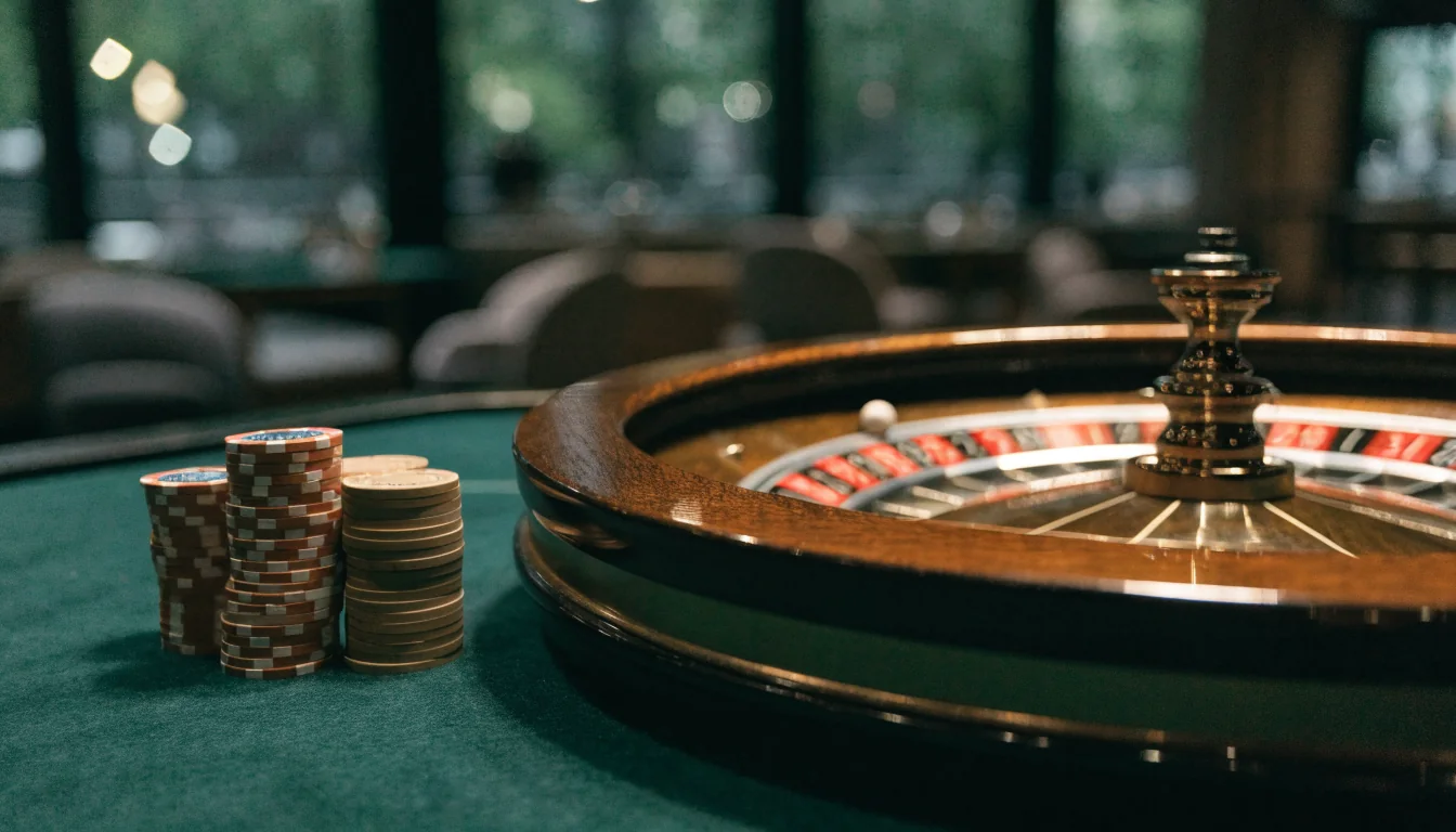 Elegant roulettehjul på et casino med jetonger og grønn filt