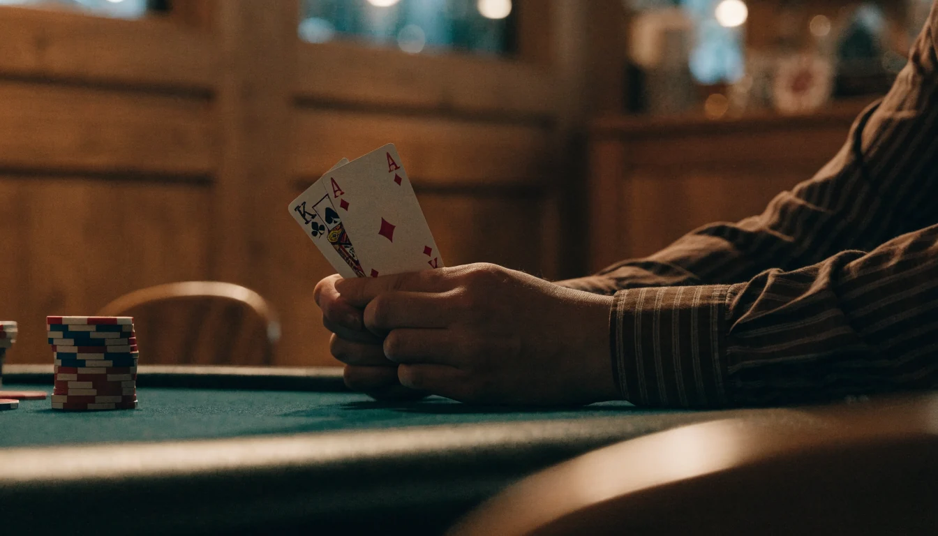 Blackjack-bord med kort og jetonger i en koselig norsk casinoatmosfære