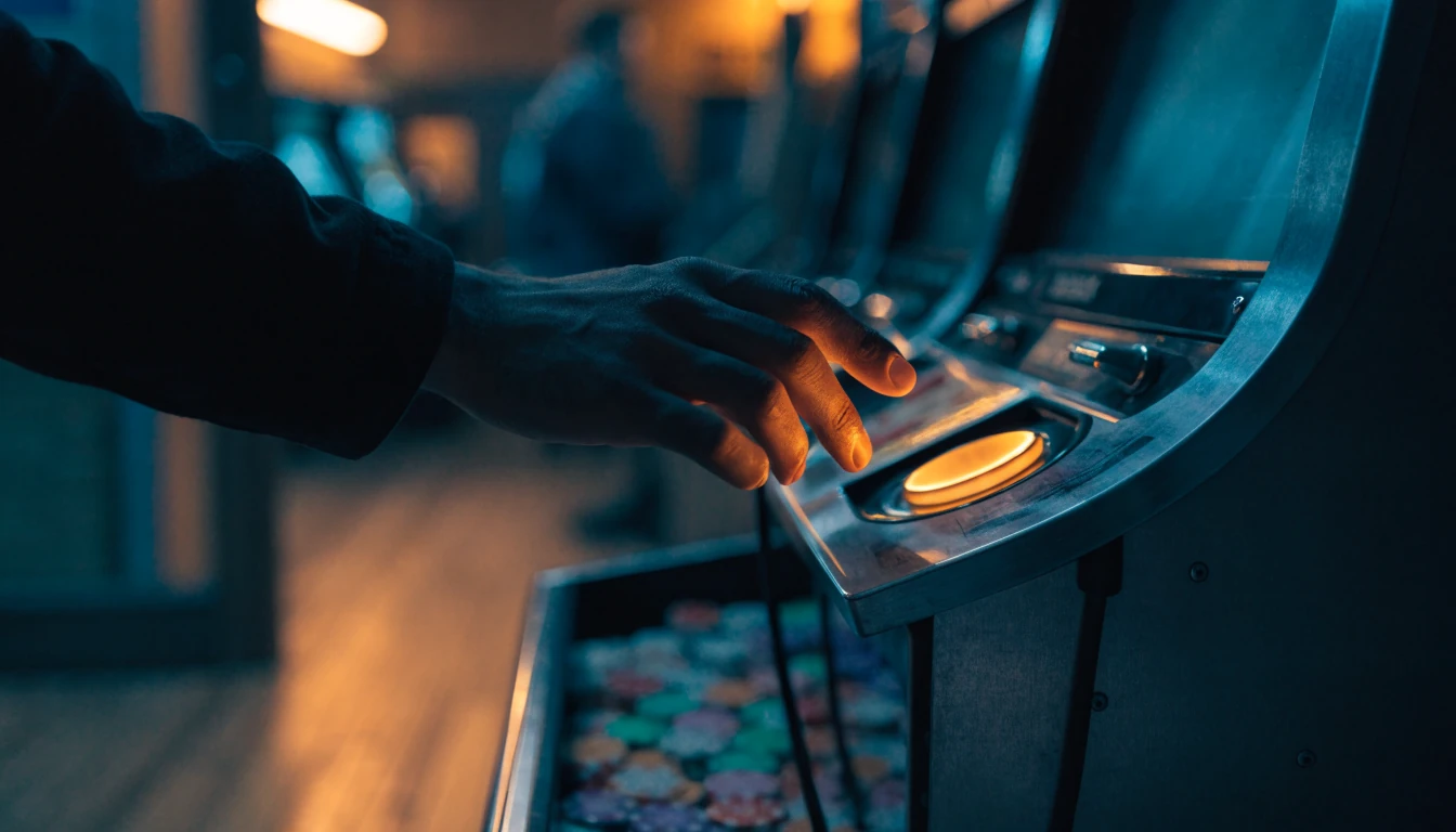 Hånd over spinnknappen på en spilleautomat i dempet belysning