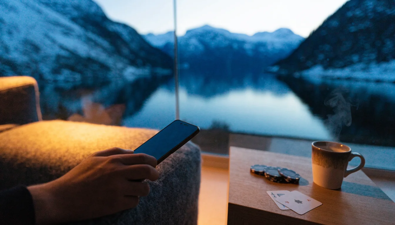 Telefon vendt bort ved siden av casinobrikker og spillkort i norsk stue med fjordutsikt