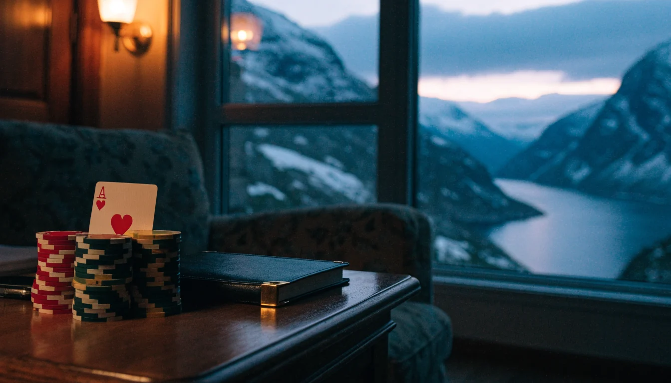 Casinochips og kort på et norsk stuebord i skumringen