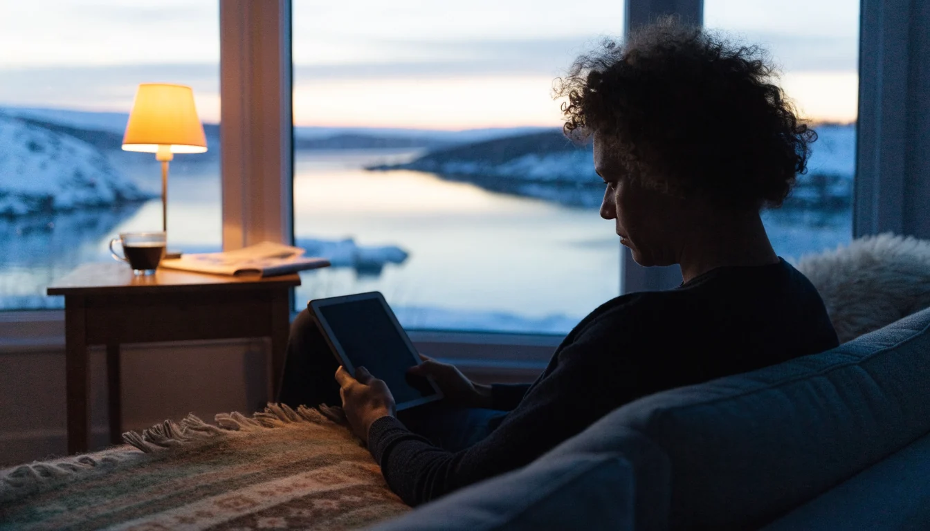 Person i norsk stue med nettbrett ved vindu mot snødekt fjord